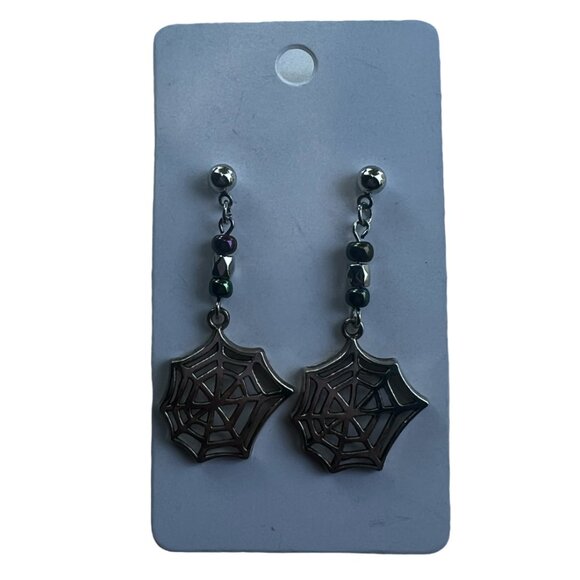Silver Spider Web with Iridescent Beads Stud Earrings - Picture 2 of 3